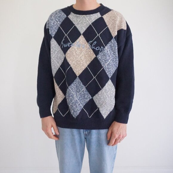Vintage '90S Sweater Shop Navy Blue Argyle Knit Cotton Crewneck Sweater 2XL - Picture 1 of 10